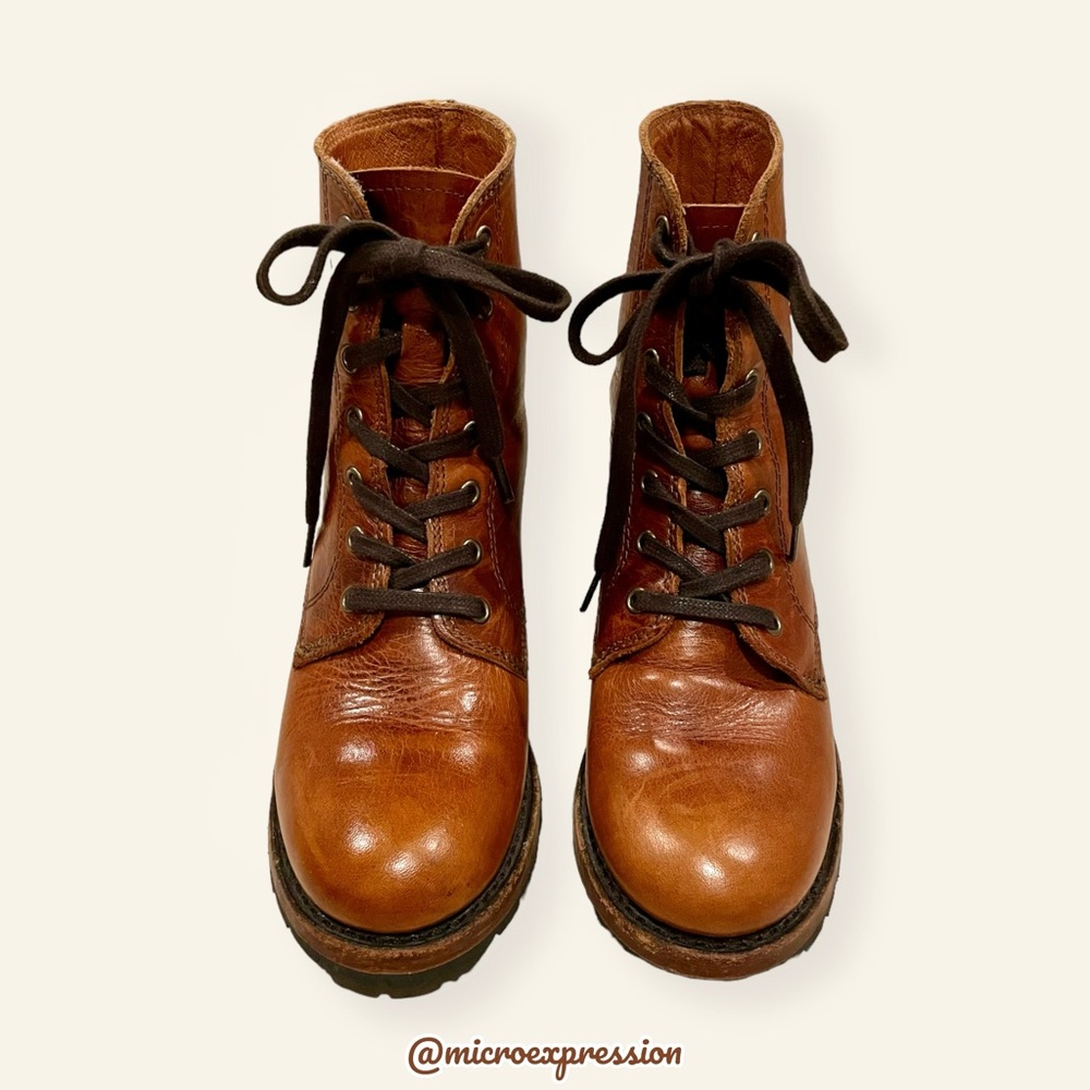 $415 Frye Sabrina 6G Cognac Brown Leather Laced Combat Chunky Heel Ankle Bootie - Picture 9 of 14